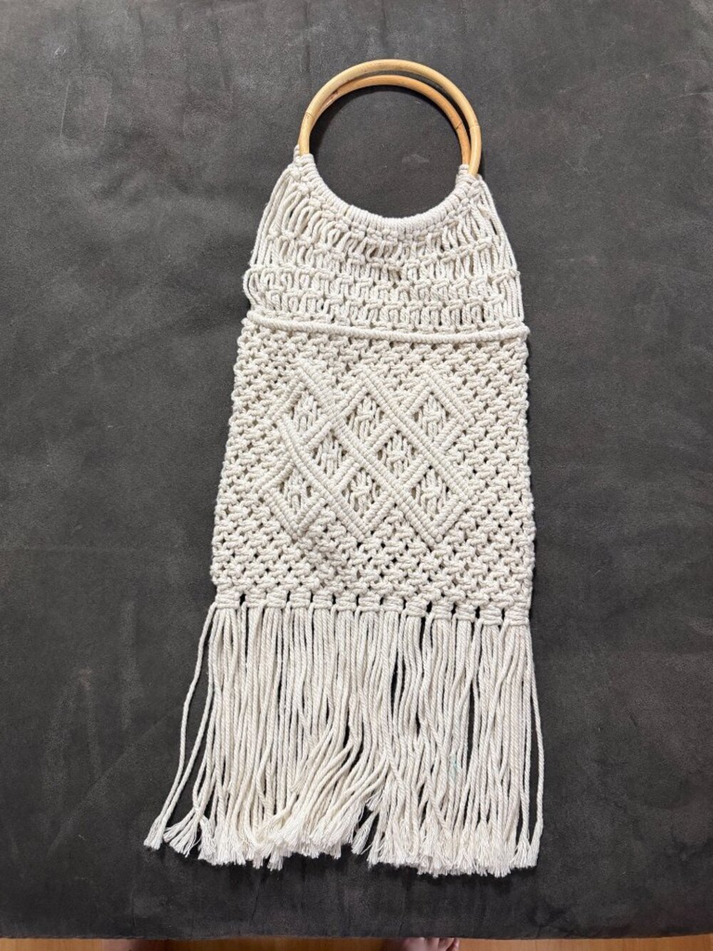 Woven Macrame Handbag With Wooden Handles & Fringe - Boho Style Natural Color
